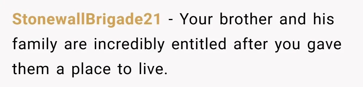 StonewallBrigade21 − Your brother and his family are incredibly entitled after you gave them a place to live.