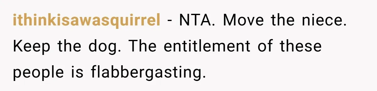 ithinkisawasquirrel − NTA. Move the niece. Keep the dog. The entitlement of these people is flabbergasting.