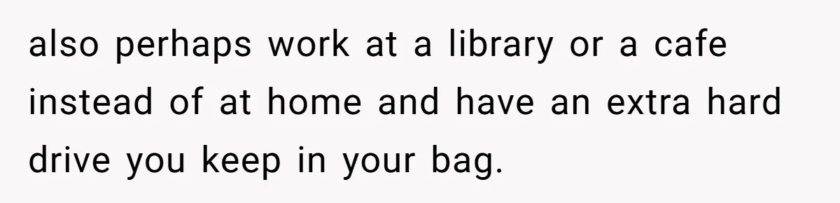 also perhaps work at a library or a cafe instead of at home and have an extra hard drive you keep in your bag.