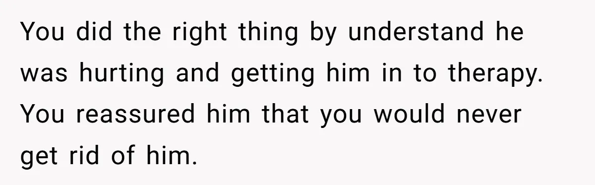 You did the right thing by understand he was hurting and getting him in to therapy. You reassured him that you would never get rid of him.