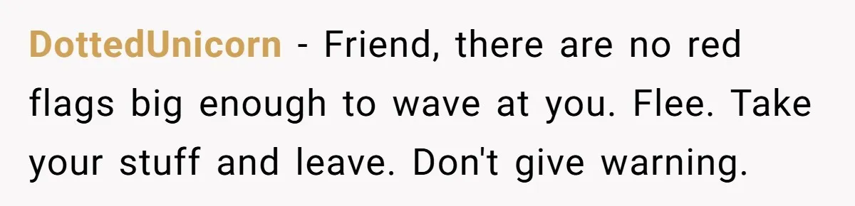 DottedUnicorn − Friend, there are no red flags big enough to wave at you. Flee. Take your stuff and leave. Don't give warning.