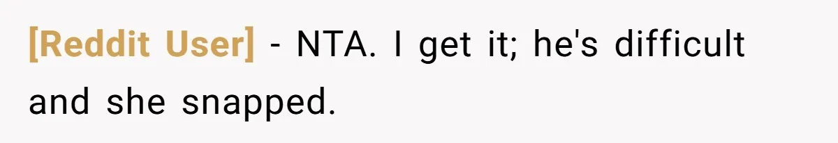 [Reddit User] − NTA. I get it; he's difficult and she snapped.