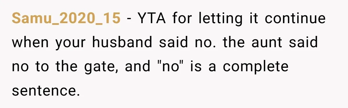 Woman Approves Fence Work Anyway, Can’t Believe Aunt Evicts Them Over Tree Samu_2020_15 − YTA for letting it continue when your husband said no. the aunt said no to the gate, and "no" is a complete sentence.