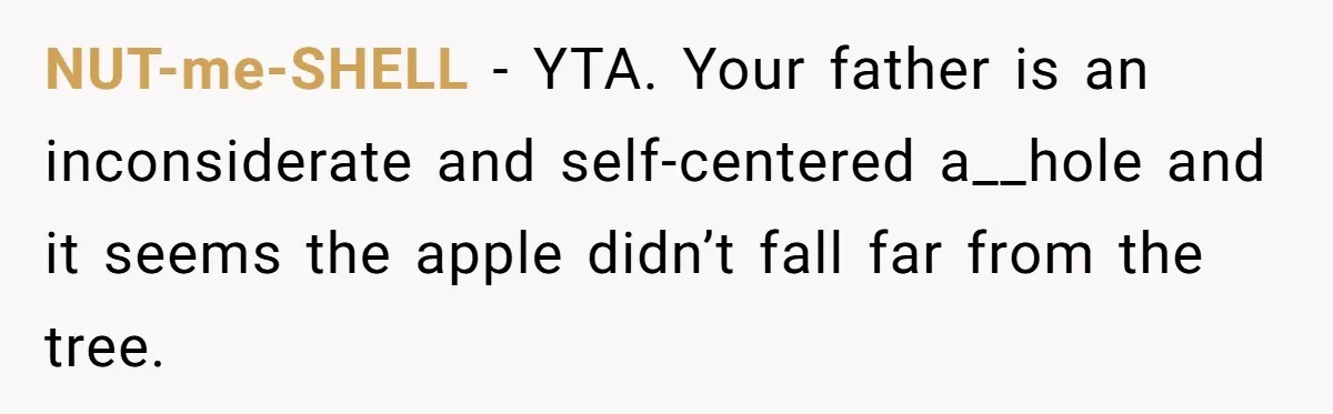Woman Approves Fence Work Anyway, Can’t Believe Aunt Evicts Them Over Tree NUT-me-SHELL − YTA. Your father is an inconsiderate and self-centered a__hole and it seems the apple didn’t fall far from the tree.