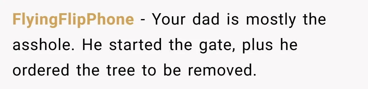 Woman Approves Fence Work Anyway, Can’t Believe Aunt Evicts Them Over Tree FlyingFlipPhone − Your dad is mostly the asshole. He started the gate, plus he ordered the tree to be removed.