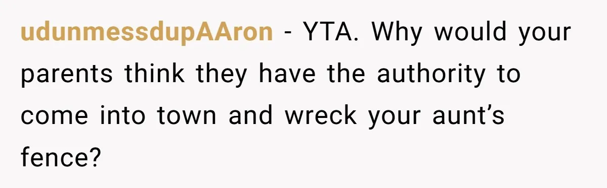 Woman Approves Fence Work Anyway, Can’t Believe Aunt Evicts Them Over Tree udunmessdupAAron − YTA. Why would your parents think they have the authority to come into town and wreck your aunt’s fence?