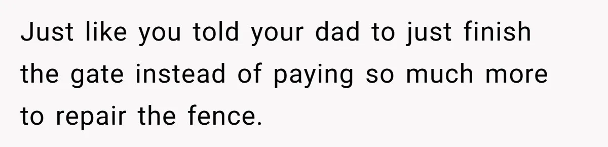 Woman Approves Fence Work Anyway, Can’t Believe Aunt Evicts Them Over Tree Just like you told your dad to just finish the gate instead of paying so much more to repair the fence.