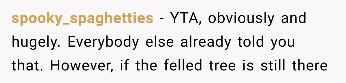 Woman Approves Fence Work Anyway, Can’t Believe Aunt Evicts Them Over Tree spooky_spaghetties − YTA, obviously and hugely. Everybody else already told you that. However, if the felled tree is still there