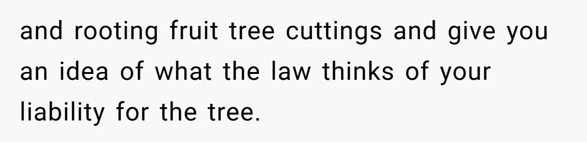 Woman Approves Fence Work Anyway, Can’t Believe Aunt Evicts Them Over Tree and rooting fruit tree cuttings and give you an idea of what the law thinks of your liability for the tree.