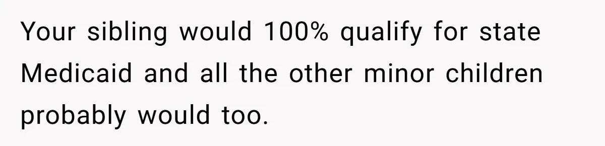 Your sibling would 100% qualify for state Medicaid and all the other minor children probably would too.