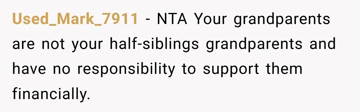 Used_Mark_7911 − NTA Your grandparents are not your half-siblings grandparents and have no responsibility to support them financially.
