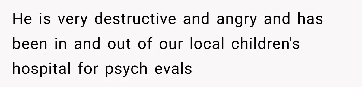 He is very destructive and angry and has been in and out of our local children's hospital for psych evals