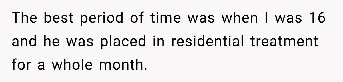 The best period of time was when I was 16 and he was placed in residential treatment for a whole month.