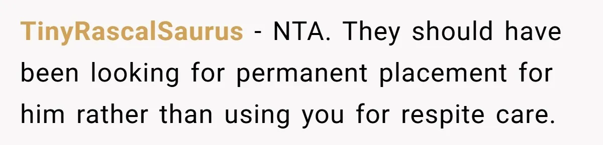 TinyRascalSaurus − NTA. They should have been looking for permanent placement for him rather than using you for respite care.