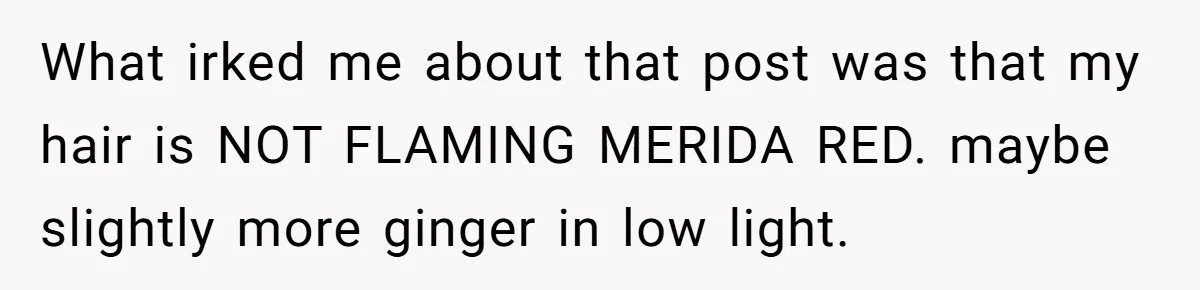 Cousin Demands Woman To Change Her Hair For Wedding Photos, Should She Have Compromised? What irked me about that post was that my hair is NOT FLAMING MERIDA RED. maybe slightly more ginger in low light.