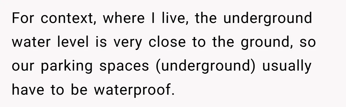 For context, where I live, the underground water level is very close to the ground, so our parking spaces (underground) usually have to be waterproof.