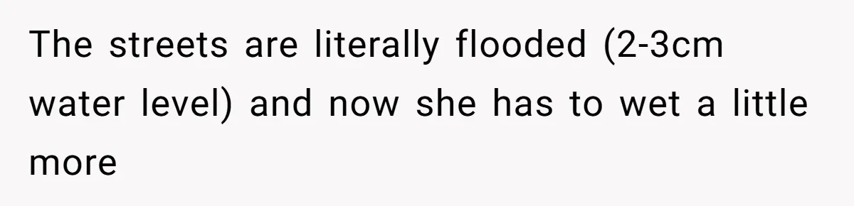 The streets are literally flooded (2-3cm water level) and now she has to wet a little more