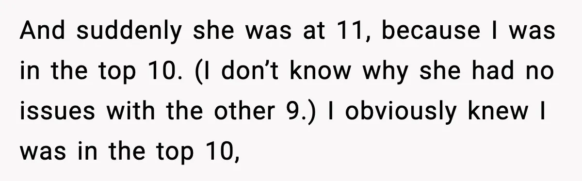 And suddenly she was at 11, because I was in the top 10. (I don’t know why she had no issues with the other 9.) I obviously knew I was...