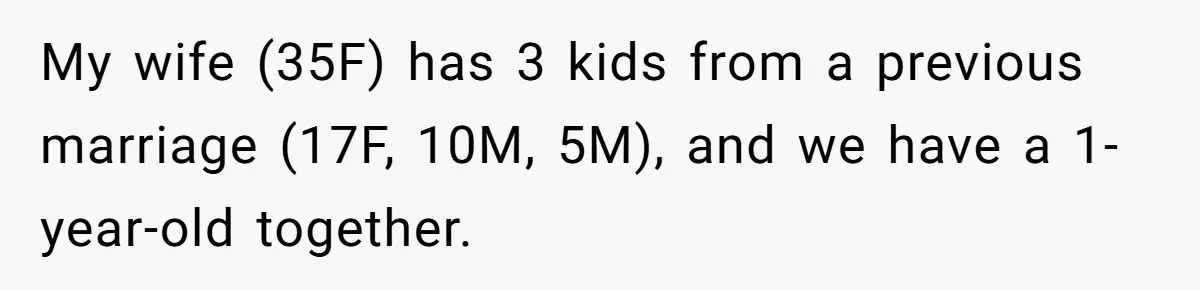 My wife (35F) has 3 kids from a previous marriage (17F, 10M, 5M), and we have a 1-year-old together.
