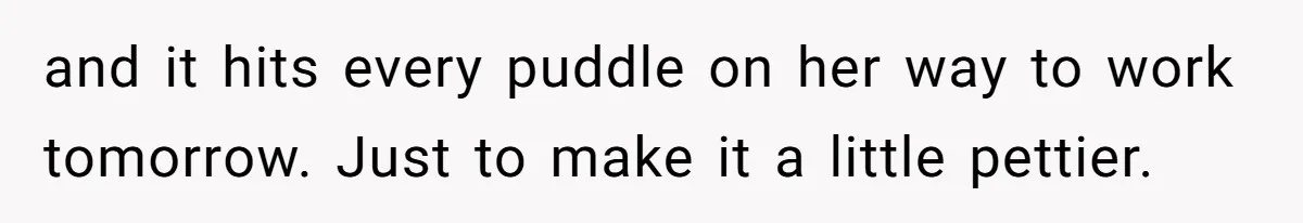 and it hits every puddle on her way to work tomorrow. Just to make it a little pettier.