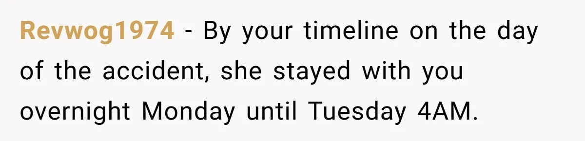Revwog1974 − By your timeline on the day of the accident, she stayed with you overnight Monday until Tuesday 4AM.