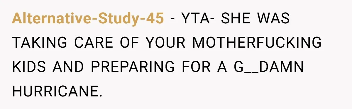 Alternative-Study-45 − YTA- SHE WAS TAKING CARE OF YOUR MOTHERFUCKING KIDS AND PREPARING FOR A G__DAMN HURRICANE.