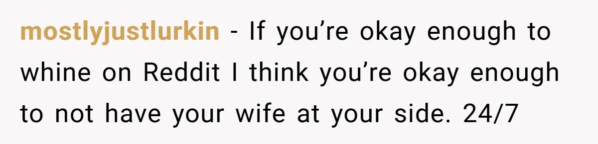 mostlyjustlurkin − If you’re okay enough to whine on Reddit I think you’re okay enough to not have your wife at your side. 24/7