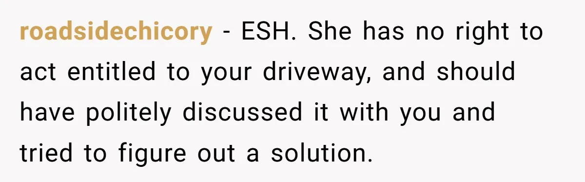 Man Tows His Neighbor's Car After She Parks In His Driveway Without Permission roadsidechicory − ESH. She has no right to act entitled to your driveway, and should have politely discussed it with you and tried to figure out a solution.