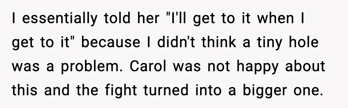 I essentially told her "I'll get to it when I get to it" because I didn't think a tiny hole was a problem. Carol was not happy about this and...
