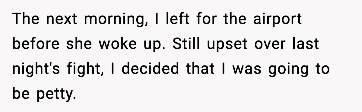 The next morning, I left for the airport before she woke up. Still upset over last night's fight, I decided that I was going to be petty.