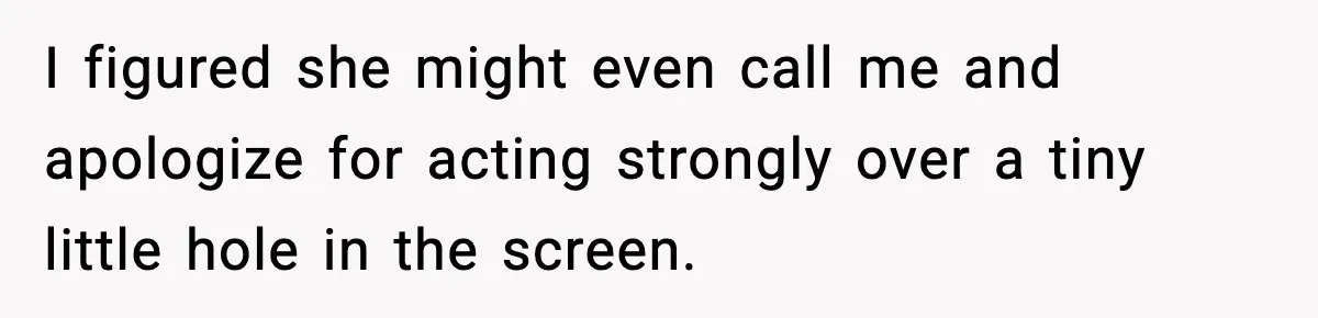 I figured she might even call me and apologize for acting strongly over a tiny little hole in the screen.