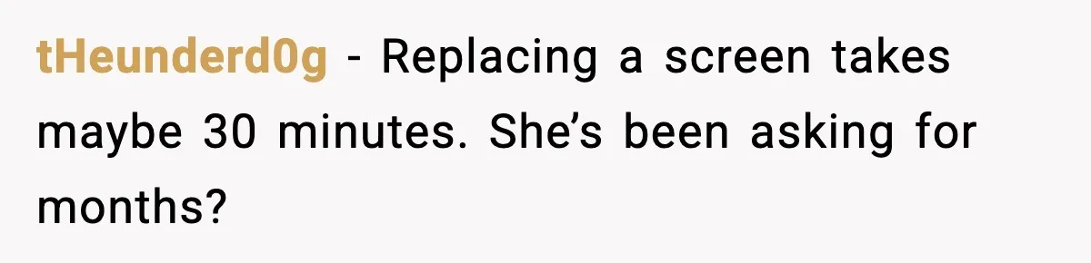 tHeunderd0g - Replacing a screen takes maybe 30 minutes. She’s been asking for months?