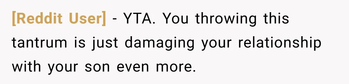 [Reddit User] − YTA. You throwing this tantrum is just damaging your relationship with your son even more.