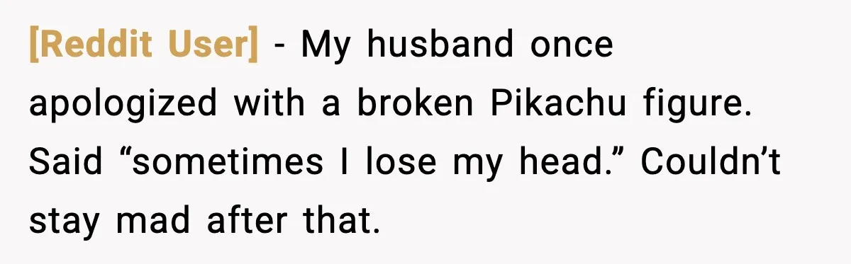 [Reddit User] - My husband once apologized with a broken Pikachu figure. Said “sometimes I lose my head.” Couldn’t stay mad after that.