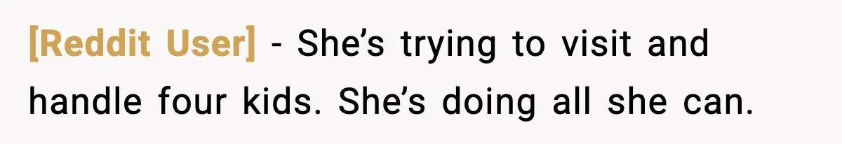 [Reddit User] - She’s trying to visit and handle four kids. She’s doing all she can.