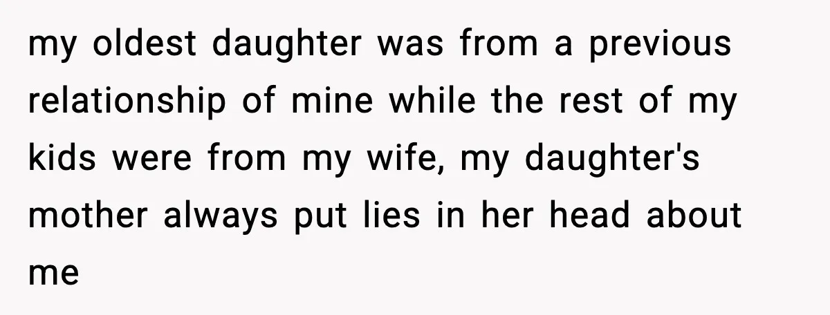 my oldest daughter was from a previous relationship of mine while the rest of my kids were from my wife, my daughter's mother always put lies in her head about...