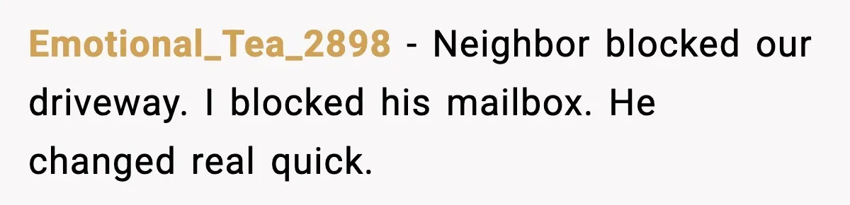 Emotional_Tea_2898 - Neighbor blocked our driveway. I blocked his mailbox. He changed real quick.