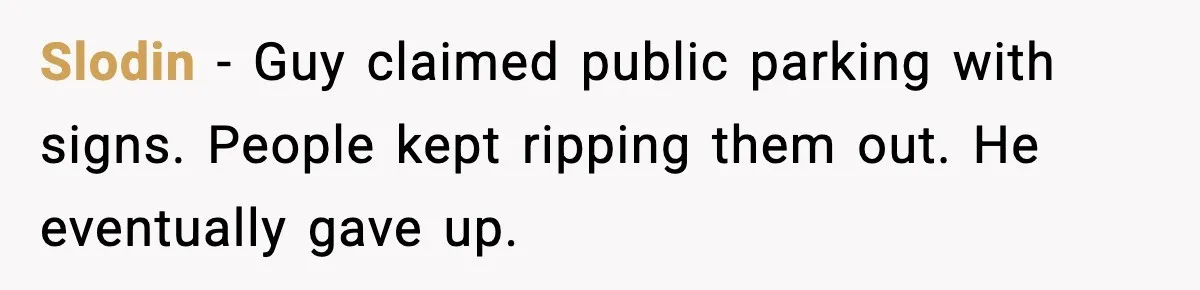 Slodin - Guy claimed public parking with signs. People kept ripping them out. He eventually gave up.