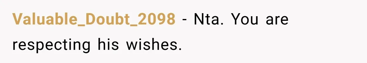 Valuable_Doubt_2098 − Nta. You are respecting his wishes.