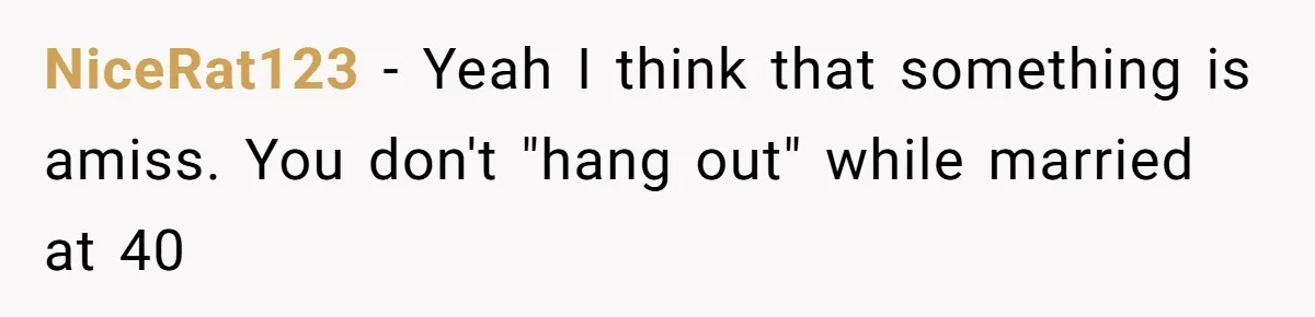 NiceRat123 − Yeah I think that something is amiss. You don't "hang out" while married at 40