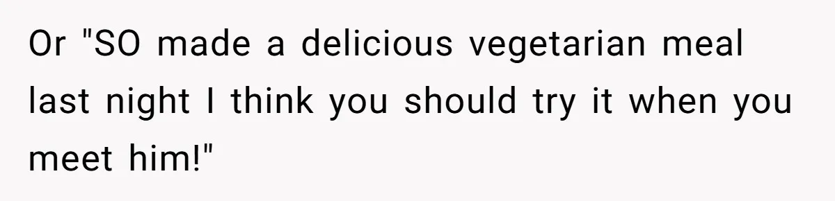 Or "SO made a delicious vegetarian meal last night I think you should try it when you meet him!"