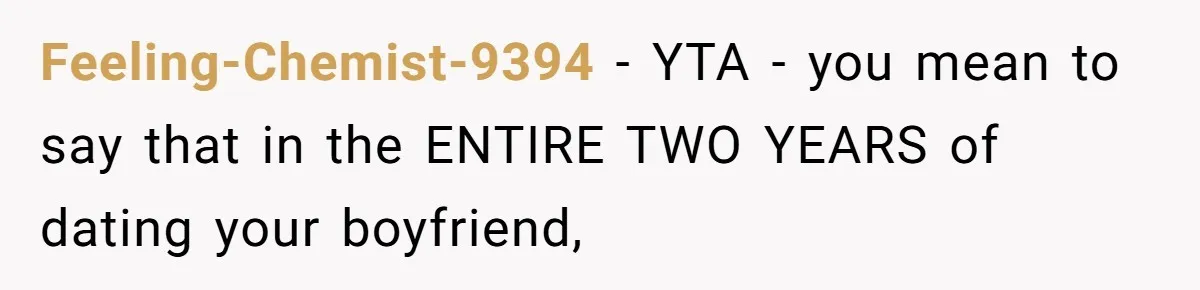 Feeling-Chemist-9394 − YTA - you mean to say that in the ENTIRE TWO YEARS of dating your boyfriend,