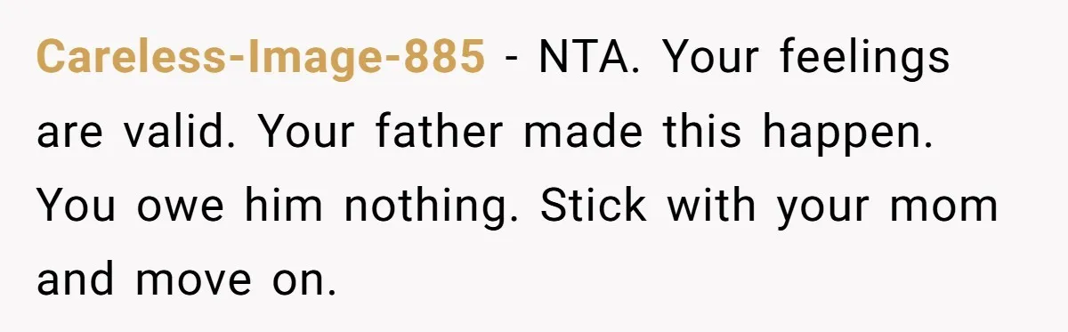 18-Year-Old Tells Absent Father the Brutal Truth After Years of Neglect Careless-Image-885 − NTA. Your feelings are valid. Your father made this happen. You owe him nothing. Stick with your mom and move on.