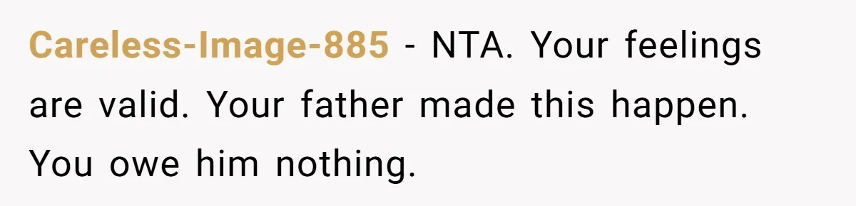 18-Year-Old Tells Absent Father the Brutal Truth After Years of Neglect Careless-Image-885 − NTA. Your feelings are valid. Your father made this happen. You owe him nothing.