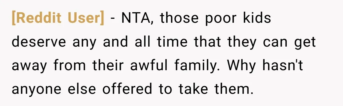 [Reddit User] − NTA, those poor kids deserve any and all time that they can get away from their awful family. Why hasn't anyone else offered to take them.