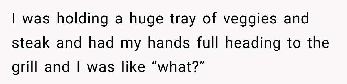 I was holding a huge tray of veggies and steak and had my hands full heading to the grill and I was like “what?”
