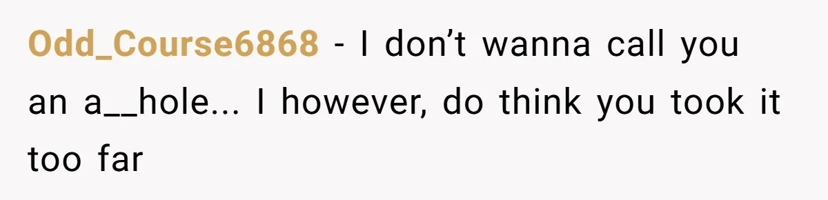 Odd_Course6868 − I don’t wanna call you an a__hole... I however, do think you took it too far