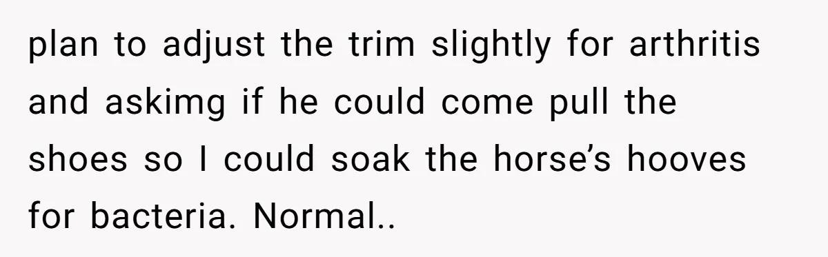 plan to adjust the trim slightly for arthritis and askimg if he could come pull the shoes so I could soak the horse’s hooves for bacteria. Normal..