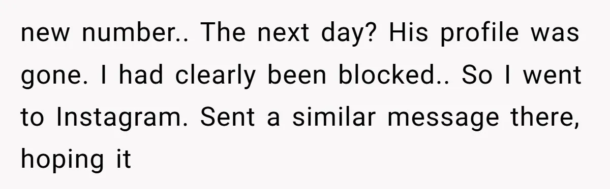 new number.. The next day? His profile was gone. I had clearly been blocked.. So I went to Instagram. Sent a similar message there, hoping it