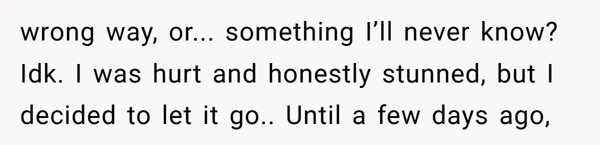 wrong way, or... something I’ll never know? Idk. I was hurt and honestly stunned, but I decided to let it go.. Until a few days ago,